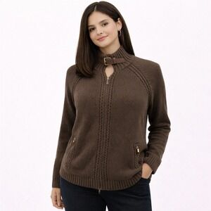 Lauren Jeans Company Womens Sweater Buckle Collar Brown Cotton Full Zip  Large